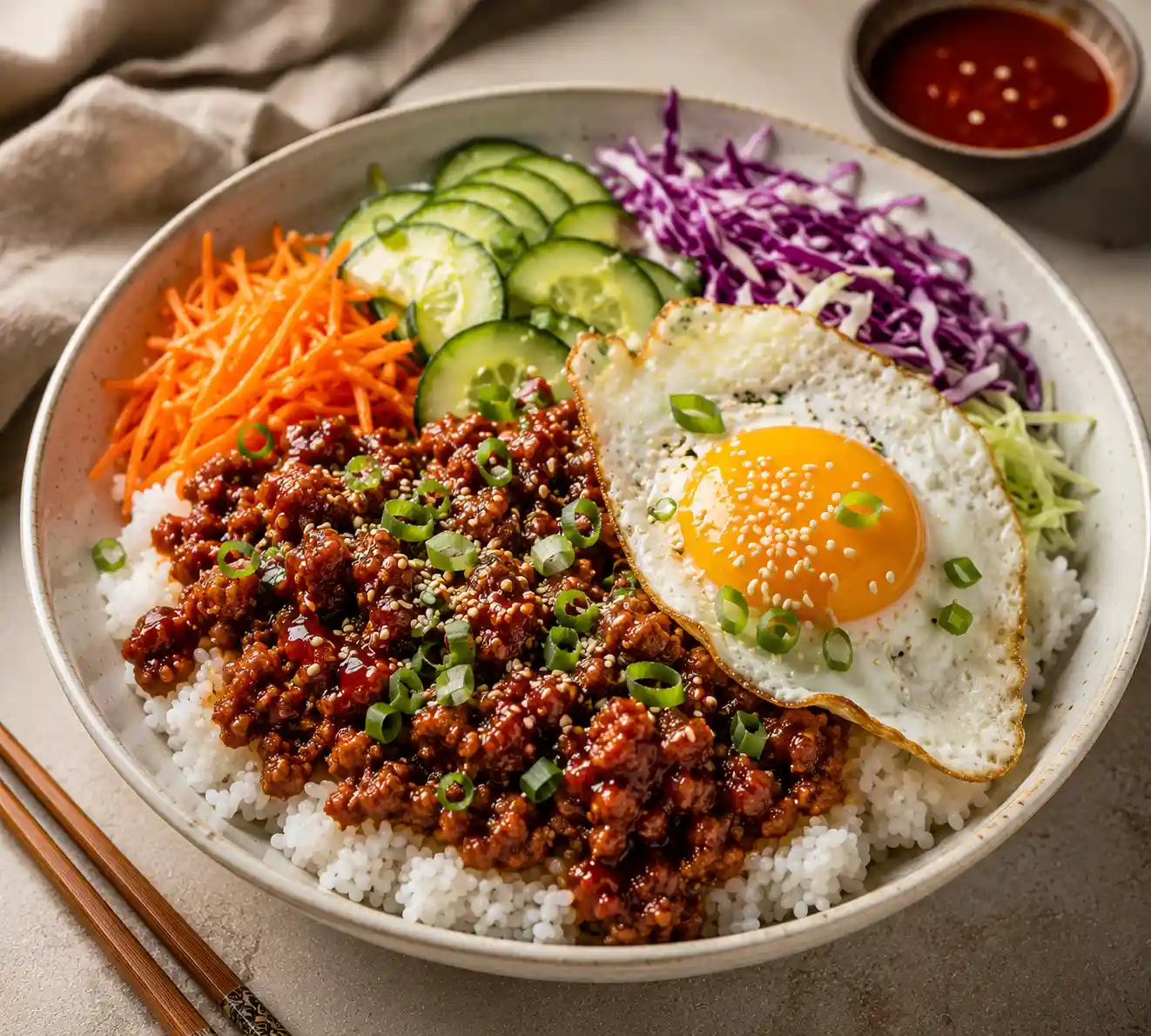 Korean Ground Turkey Bowl served with fluffy white rice, sticky gochujang-glazed ground turkey, shredded carrots, sliced cucumber, purple cabbage, green onions, sesame seeds, and a crispy fried egg with a golden yolk.