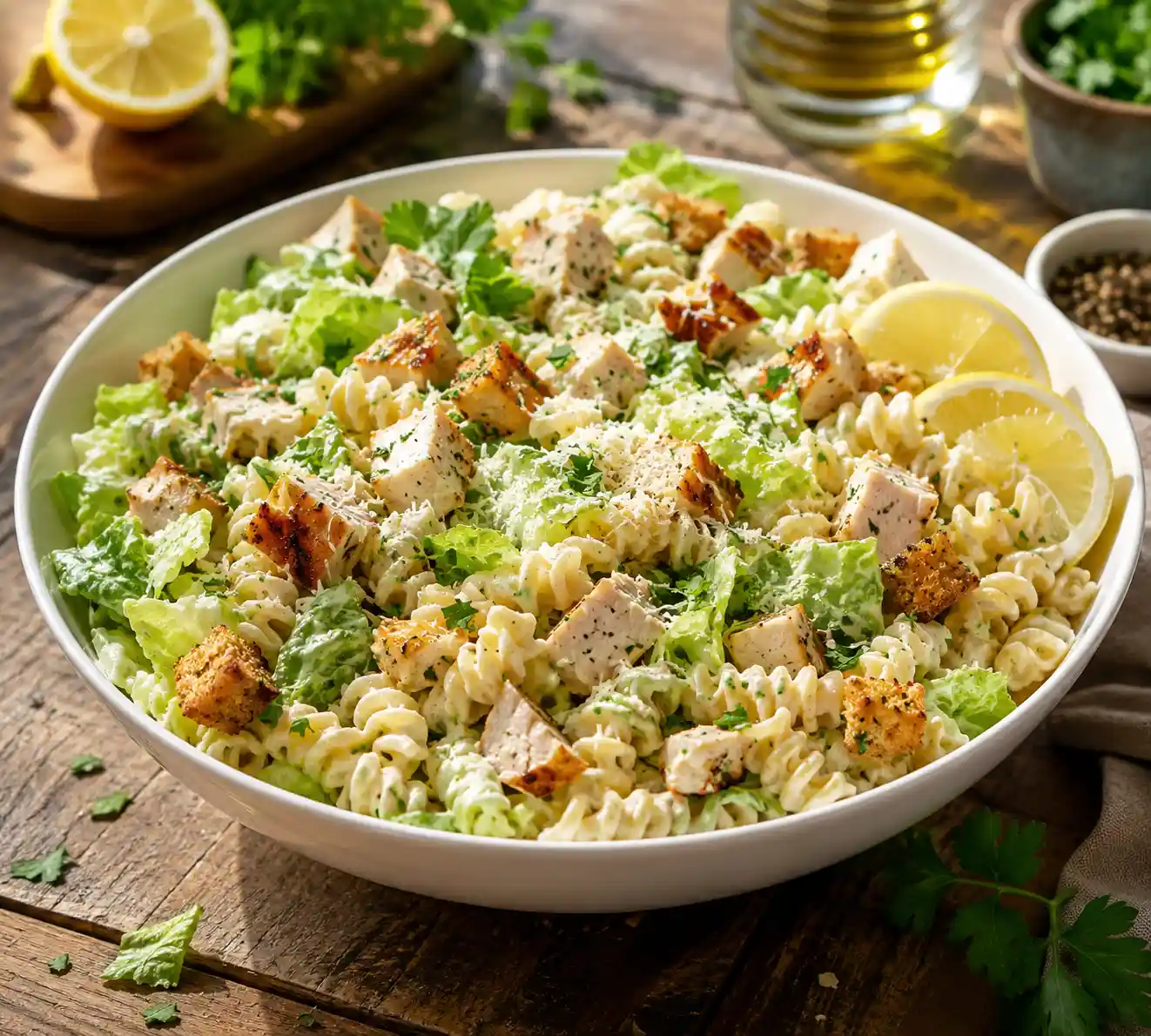 Chicken Caesar pasta salad with rotini pasta grilled chicken romaine lettuce parmesan cheese croutons and creamy Caesar dressing