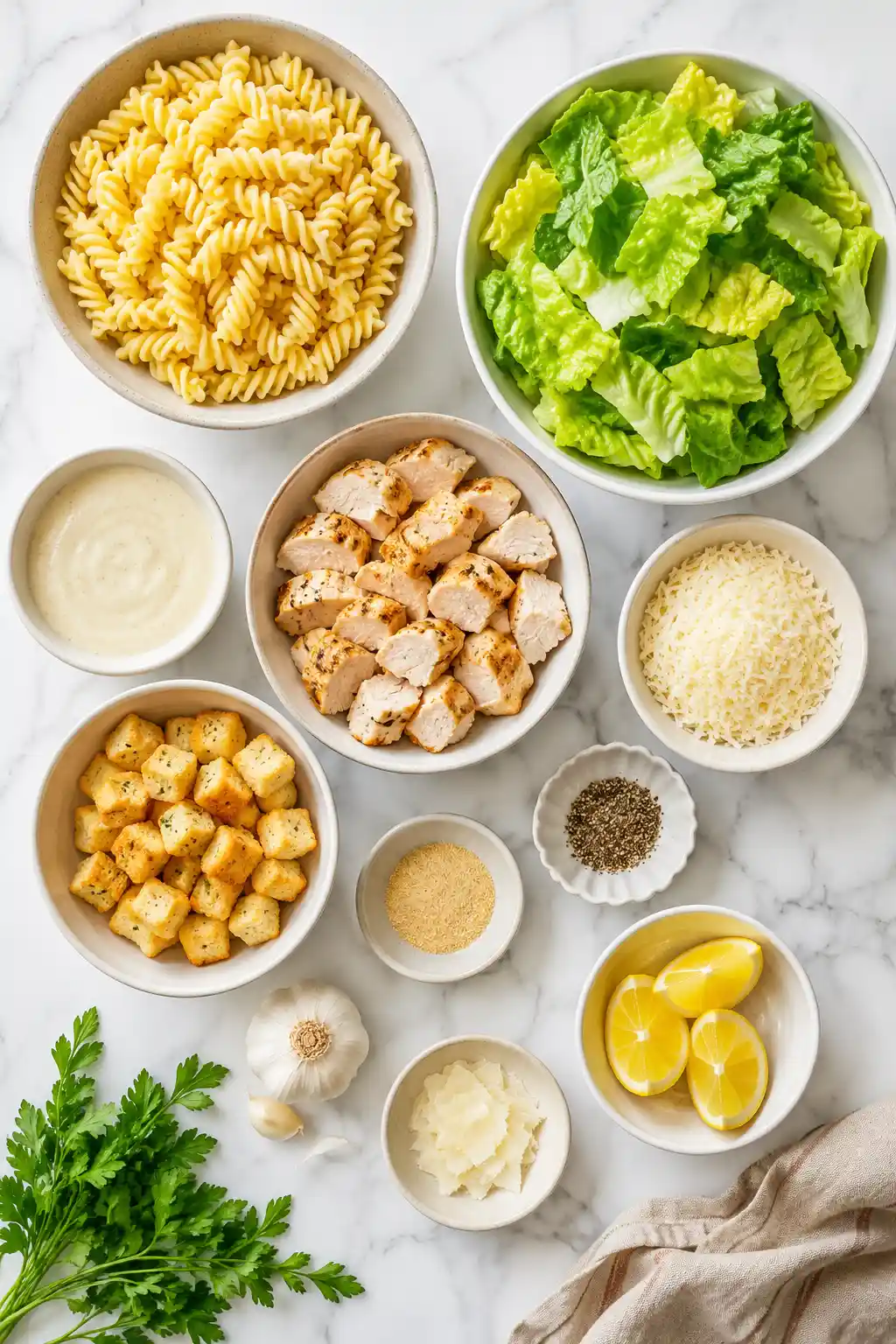 Flat lay of Chicken Caesar pasta salad ingredients including rotini pasta chicken romaine lettuce parmesan cheese Caesar dressing and croutons