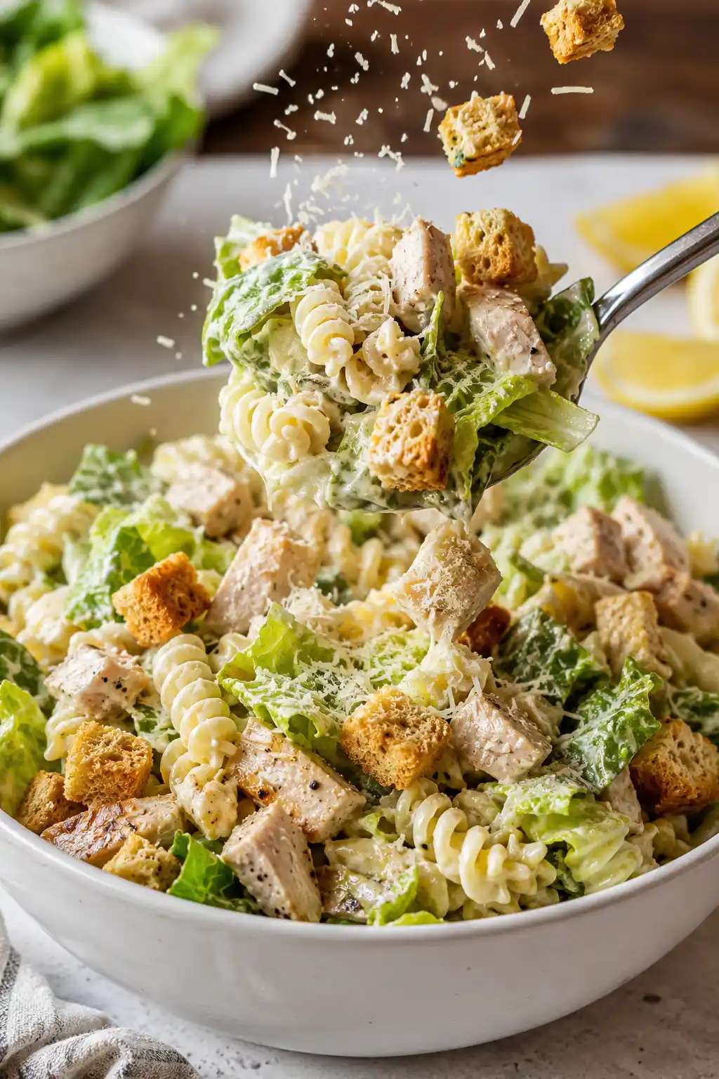 Chicken Caesar pasta salad being tossed with creamy dressing chicken parmesan cheese romaine lettuce and croutons