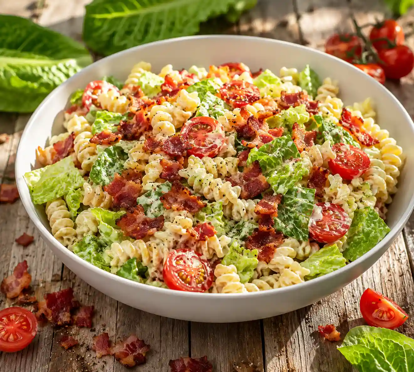 BLT pasta salad with crispy bacon cherry tomatoes romaine lettuce creamy dressing and rotini pasta in a white bowl