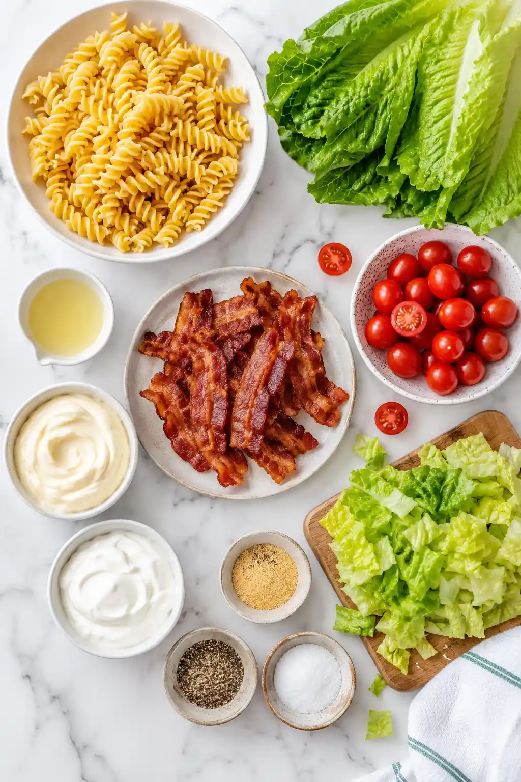 Flat lay of BLT pasta salad ingredients including bacon rotini pasta cherry tomatoes romaine lettuce mayonnaise and seasonings