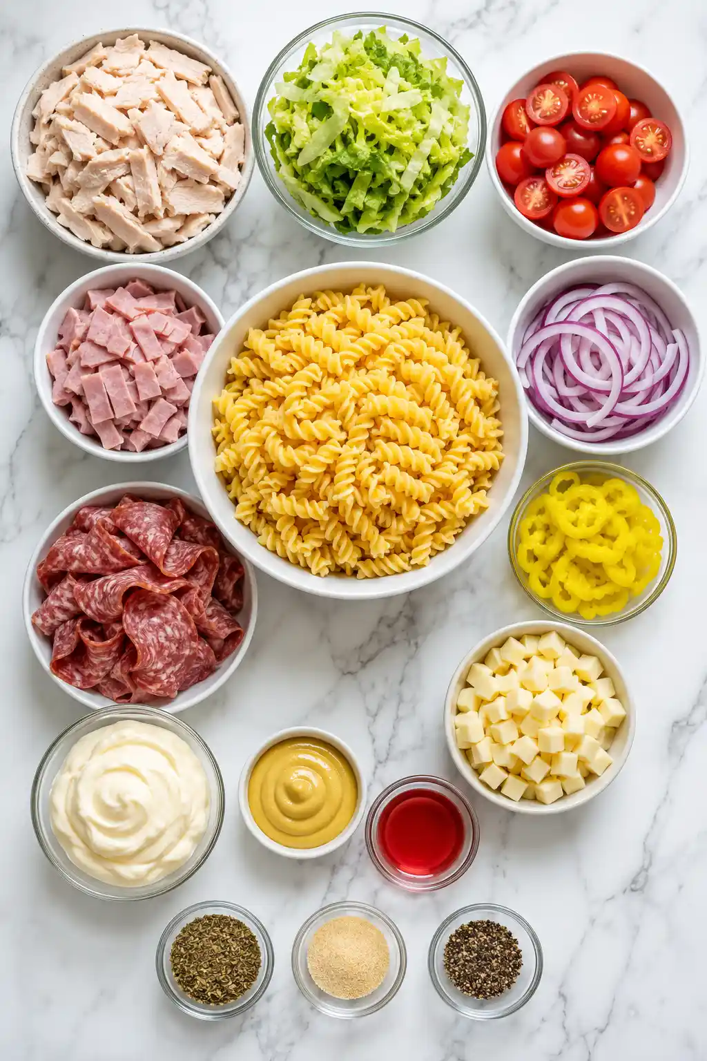 Flat lay of grinder pasta salad ingredients including deli meats provolone cheese pasta lettuce tomatoes and banana peppers
