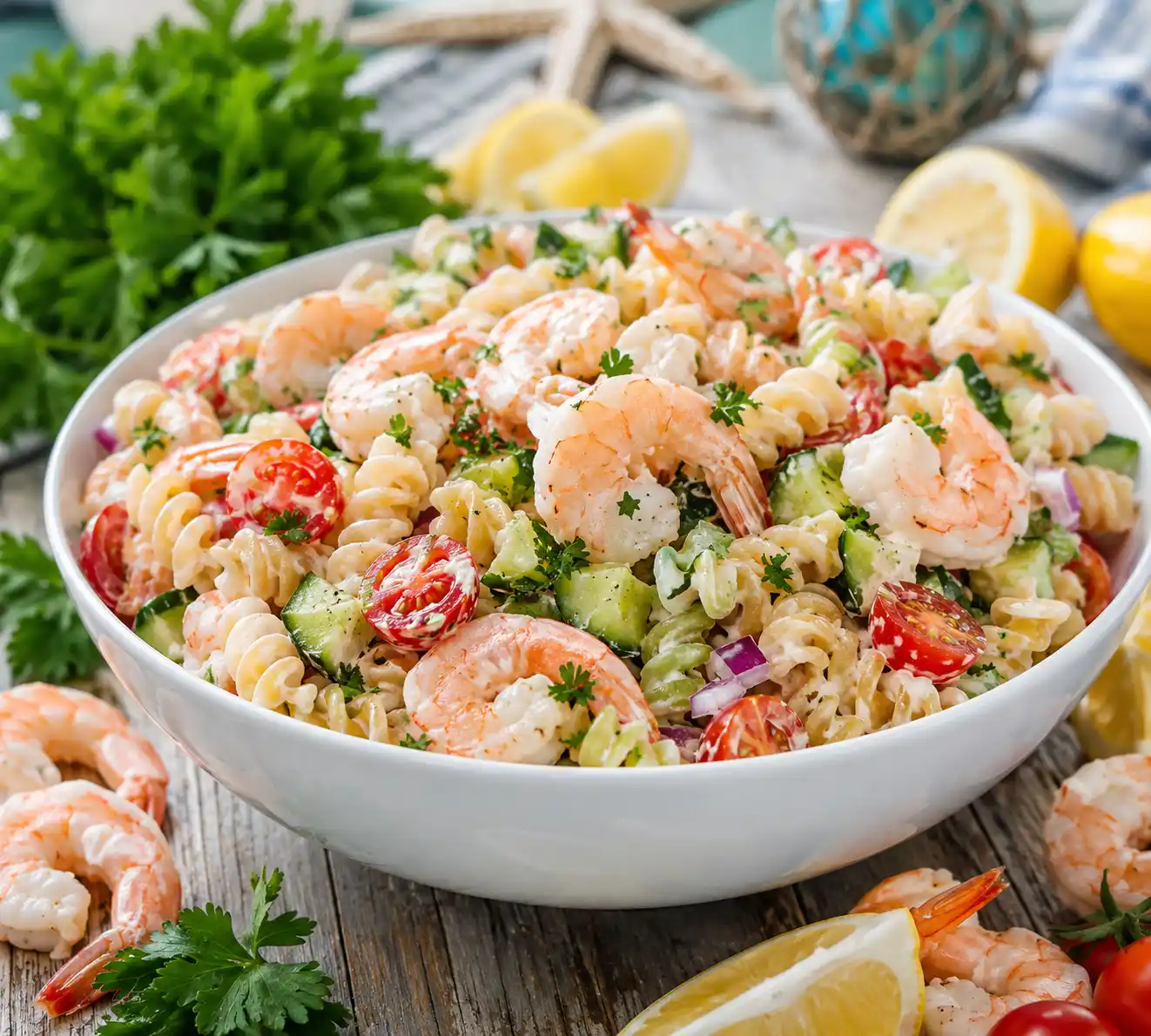 Shrimp pasta salad with rotini pasta cucumber celery cherry tomatoes fresh parsley and creamy lemon dressing