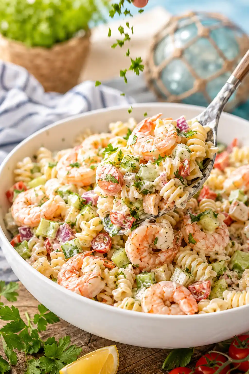 Shrimp pasta salad being mixed with shrimp cucumber tomatoes celery parsley and creamy lemon dressing