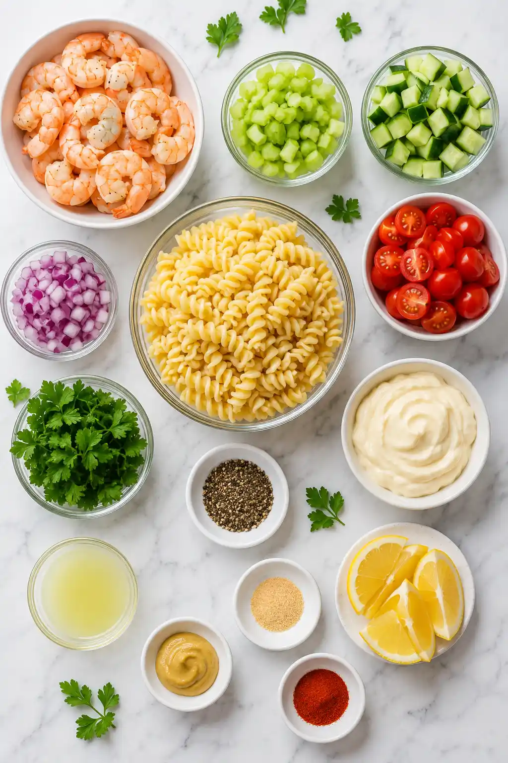 Flat lay of shrimp pasta salad ingredients including shrimp pasta cucumber celery tomatoes lemon and creamy dressing ingredients