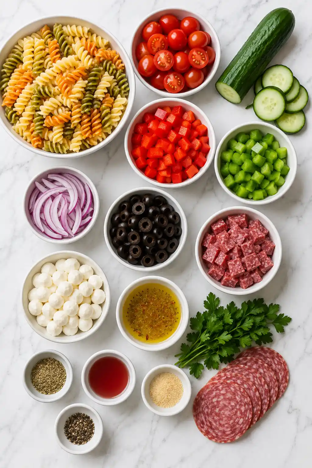 Flat lay of Italian pasta salad ingredients including salami mozzarella pearls tomatoes cucumber olives and pasta