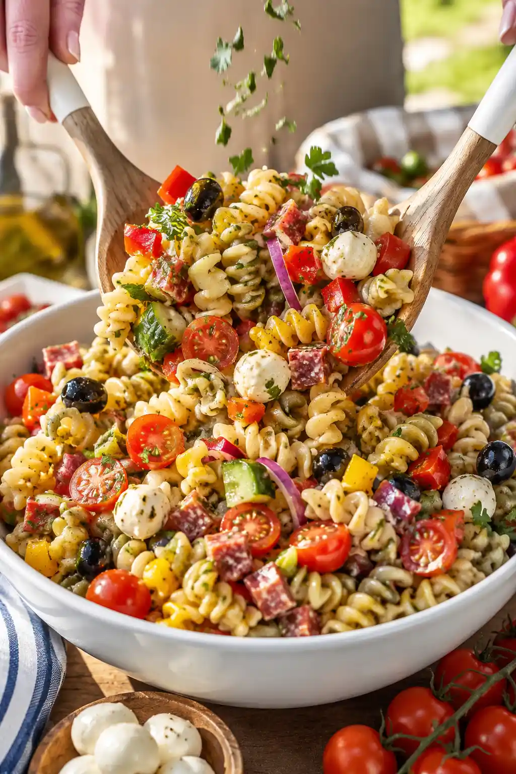 Italian pasta salad being mixed with salami mozzarella pearls vegetables olives and Italian dressing
