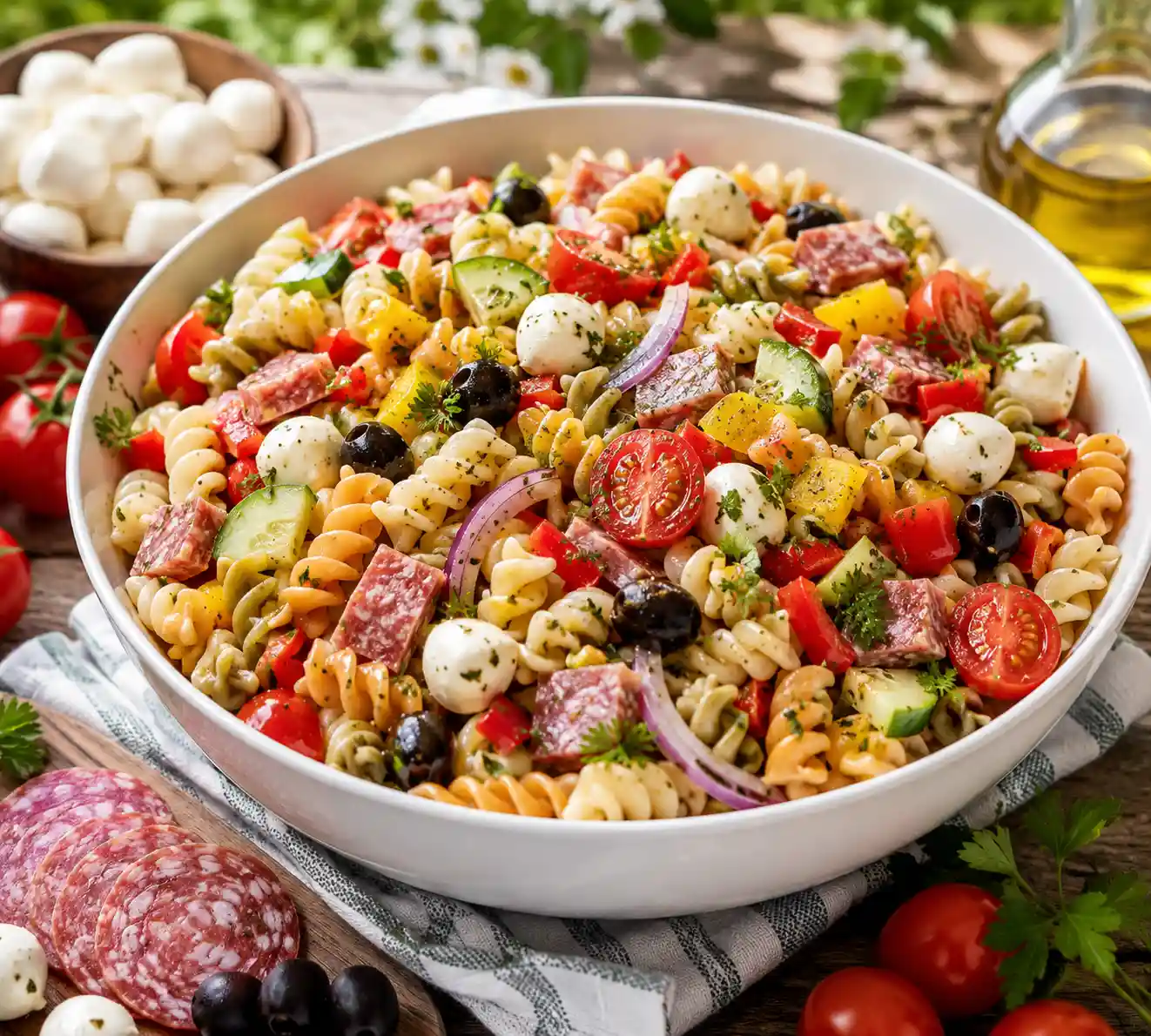 Italian pasta salad with rotini pasta salami mozzarella pearls tomatoes cucumber olives and Italian dressing