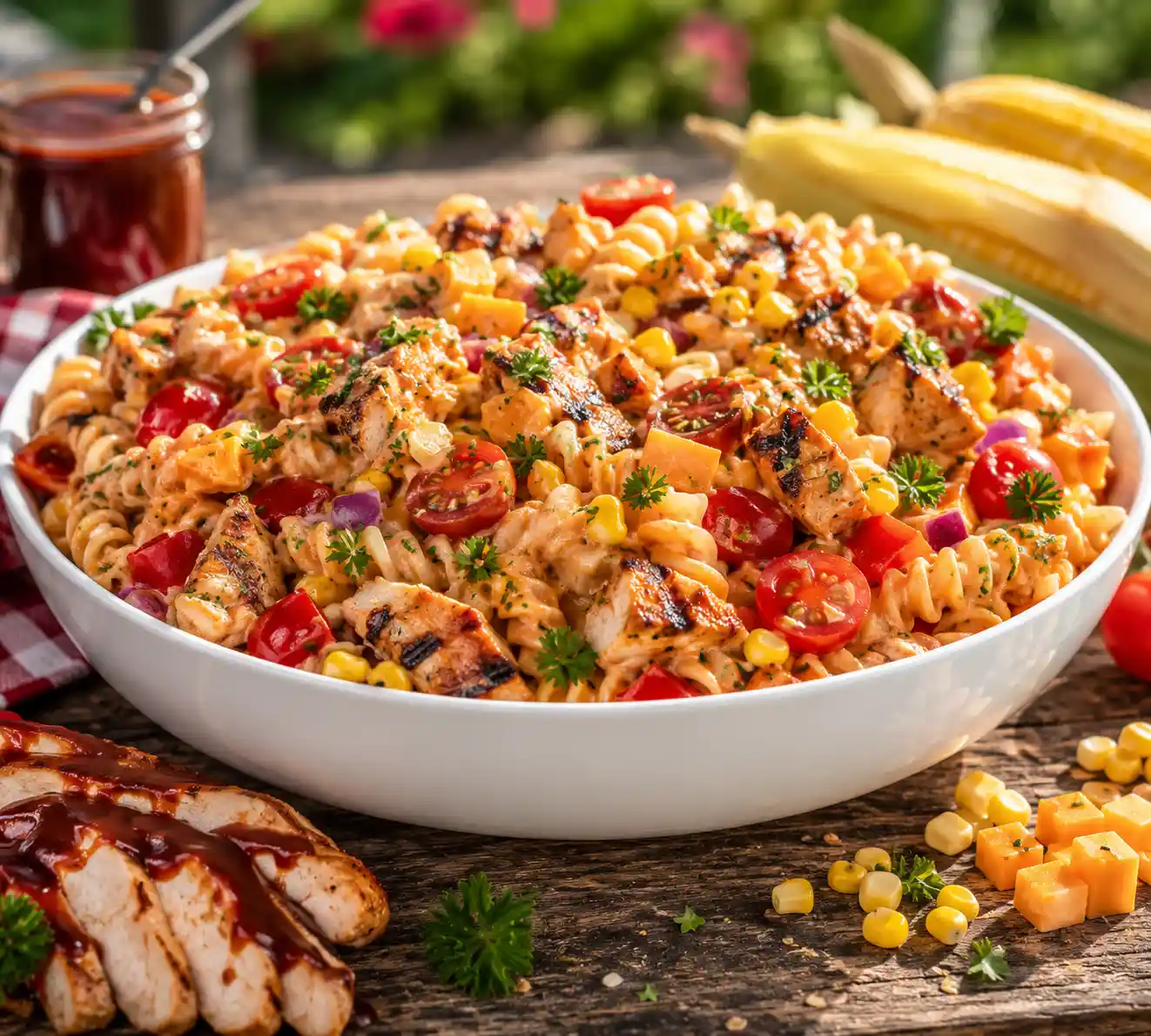BBQ chicken pasta salad with grilled chicken corn cheddar cheese tomatoes rotini pasta and creamy barbecue dressing