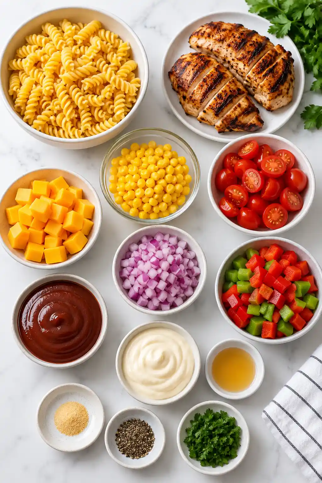 Flat lay of BBQ chicken pasta salad ingredients including grilled chicken corn cheddar cheese tomatoes pasta and barbecue sauce