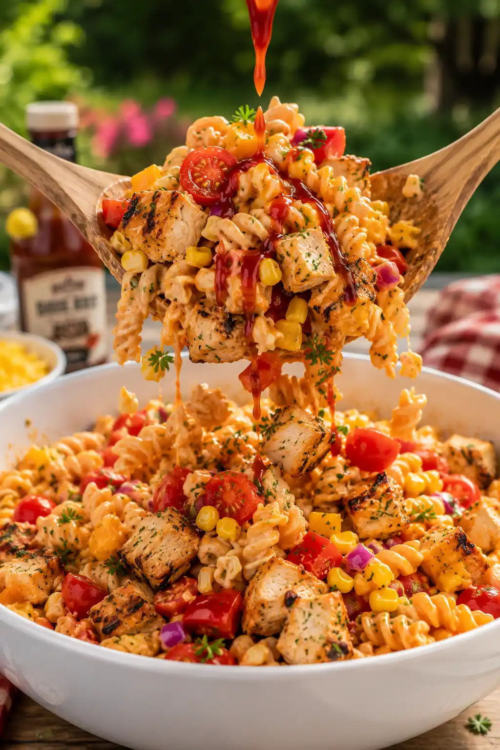 BBQ chicken pasta salad being mixed with grilled chicken corn cheddar cheese vegetables and barbecue dressing