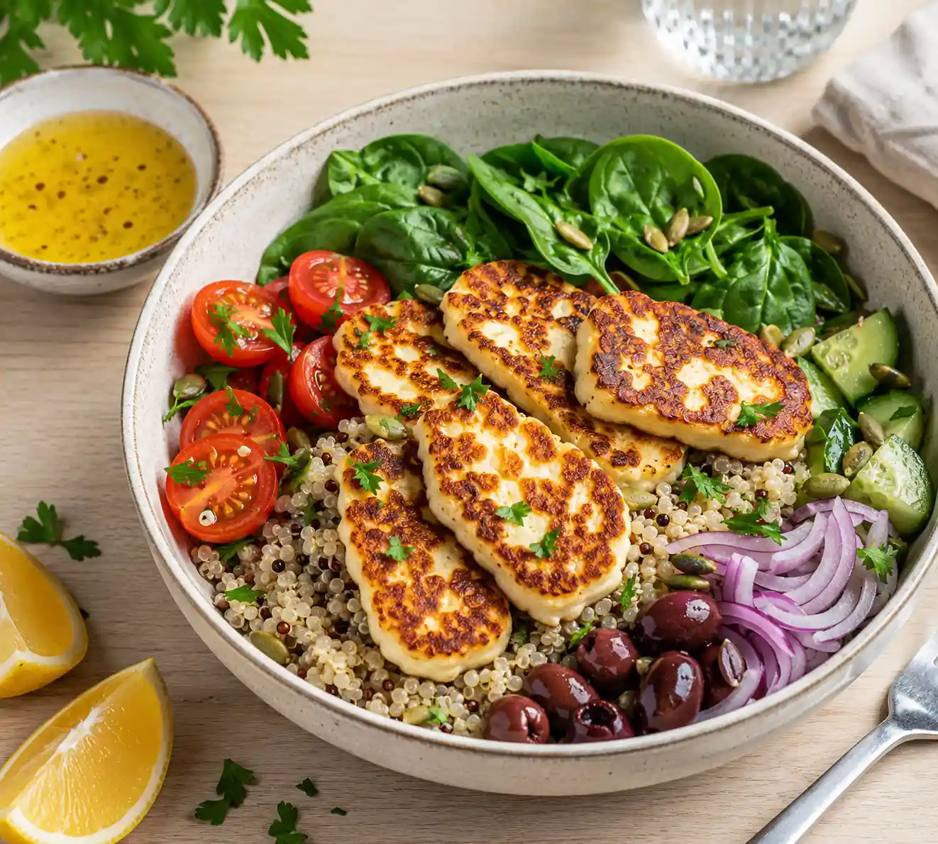 Halloumi grain bowl with crispy halloumi cheese quinoa fresh vegetables pumpkin seeds and lemon dressing