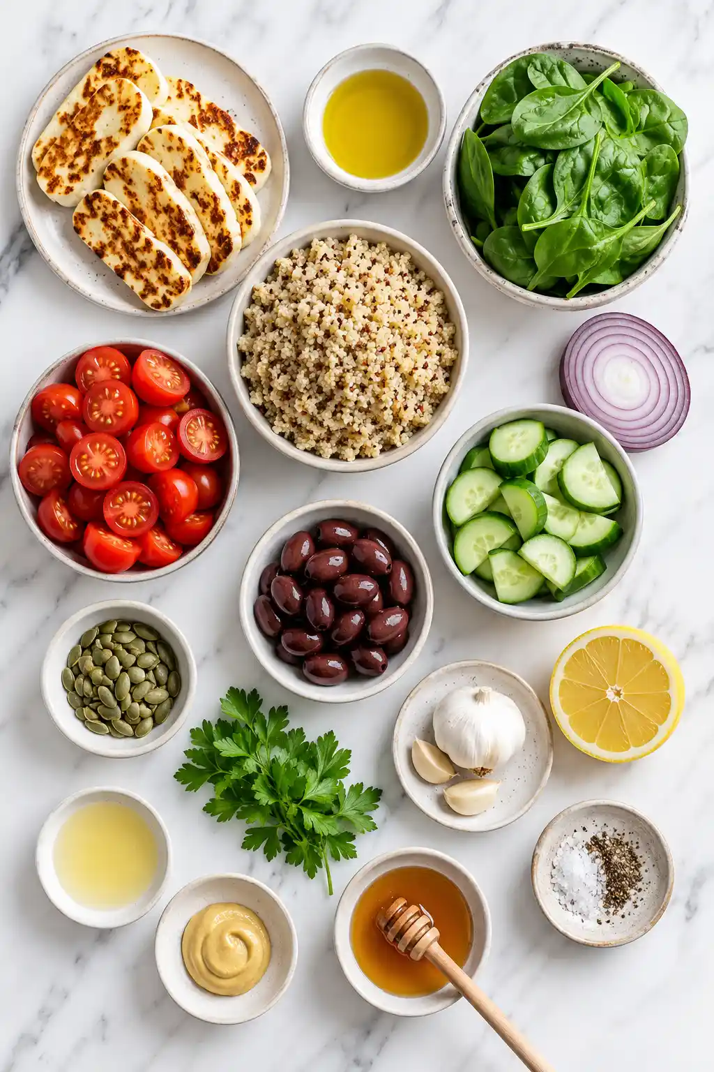 Flat lay of halloumi grain bowl ingredients including halloumi quinoa vegetables olive oil and lemon dressing ingredients