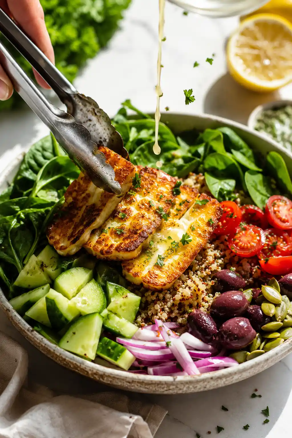 Halloumi grain bowl being assembled with crispy halloumi quinoa vegetables and lemon dressing