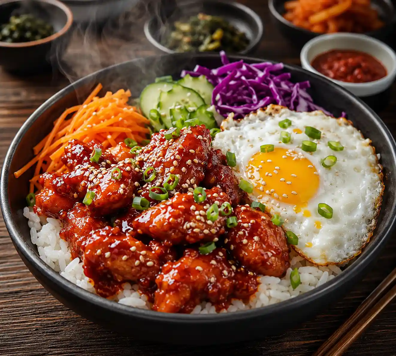 Gochujang chicken bowl with spicy Korean chicken jasmine rice vegetables sesame seeds and fried egg