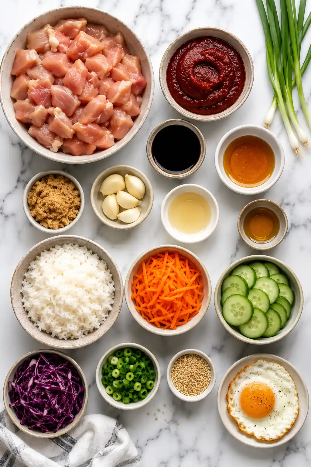 Flat lay of gochujang chicken bowl ingredients including chicken gochujang rice vegetables sesame oil and Korean seasonings