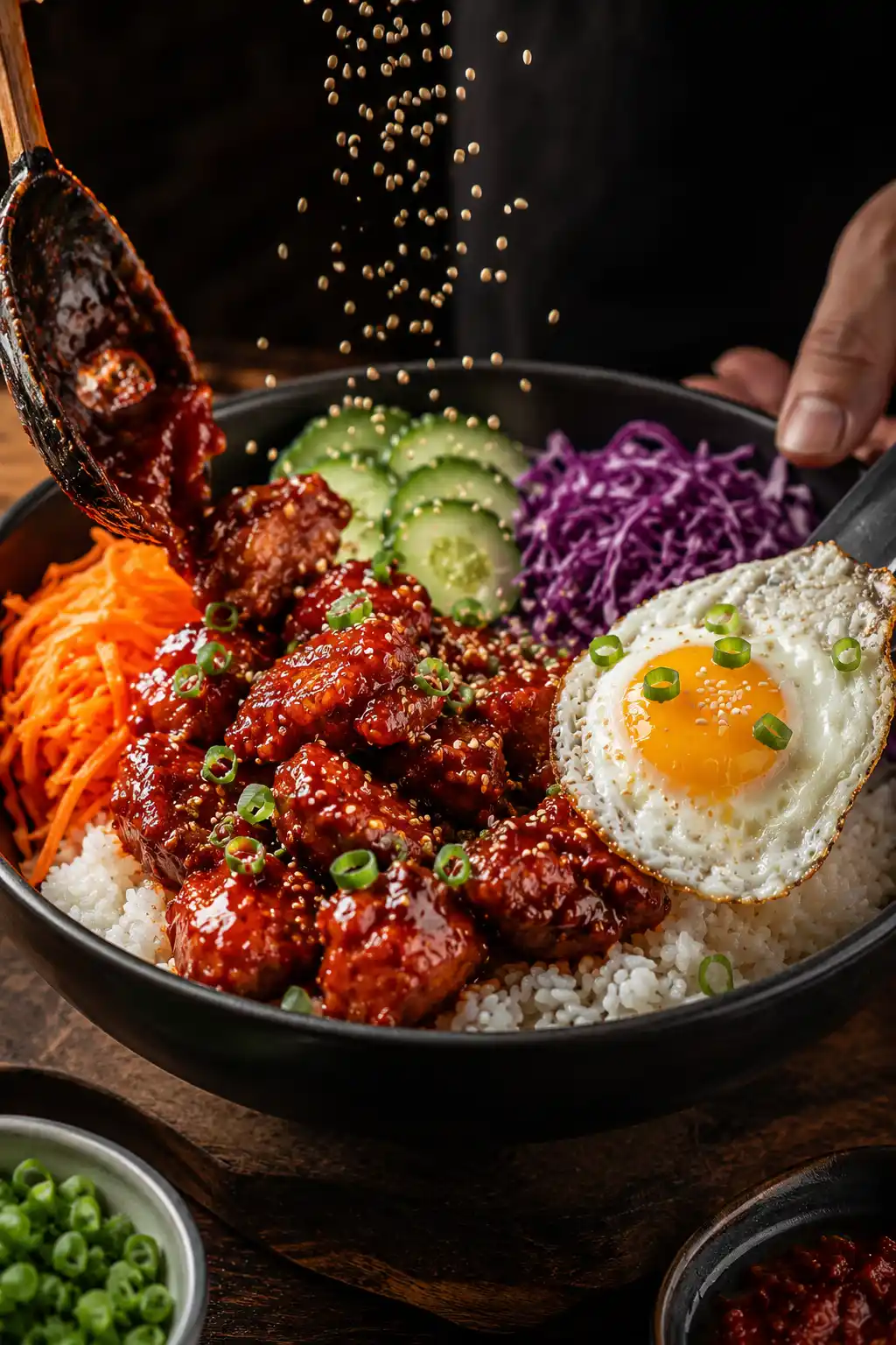 Gochujang chicken bowl being assembled with spicy Korean chicken rice vegetables and sesame seed garnish