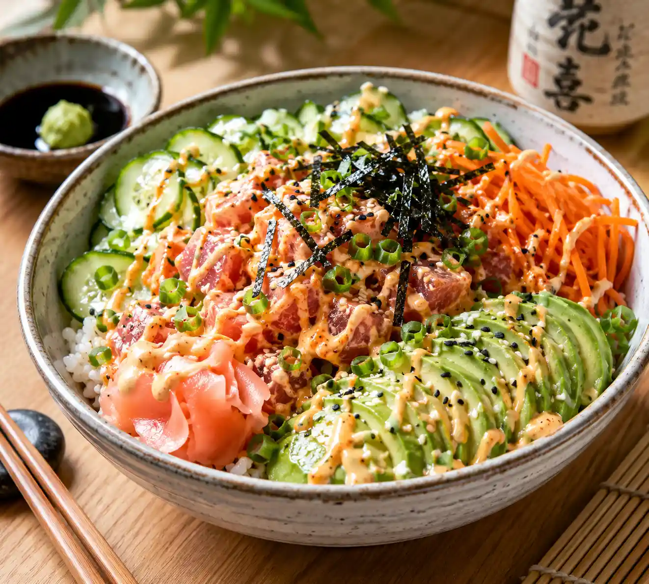 Spicy tuna sushi bowl with sushi rice avocado cucumber carrots nori strips and spicy mayo drizzle