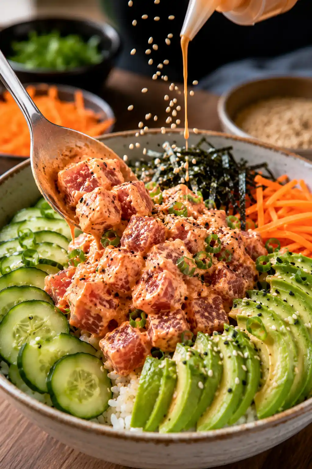 Spicy tuna sushi bowl being assembled with tuna avocado cucumber carrots spicy mayo and sesame seeds