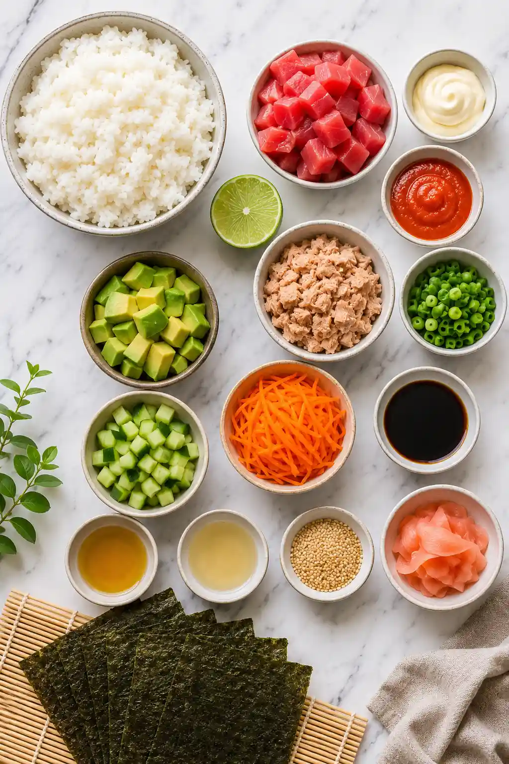 Flat lay of spicy tuna sushi bowl ingredients including tuna sushi rice avocado cucumber carrots nori and spicy mayo ingredients