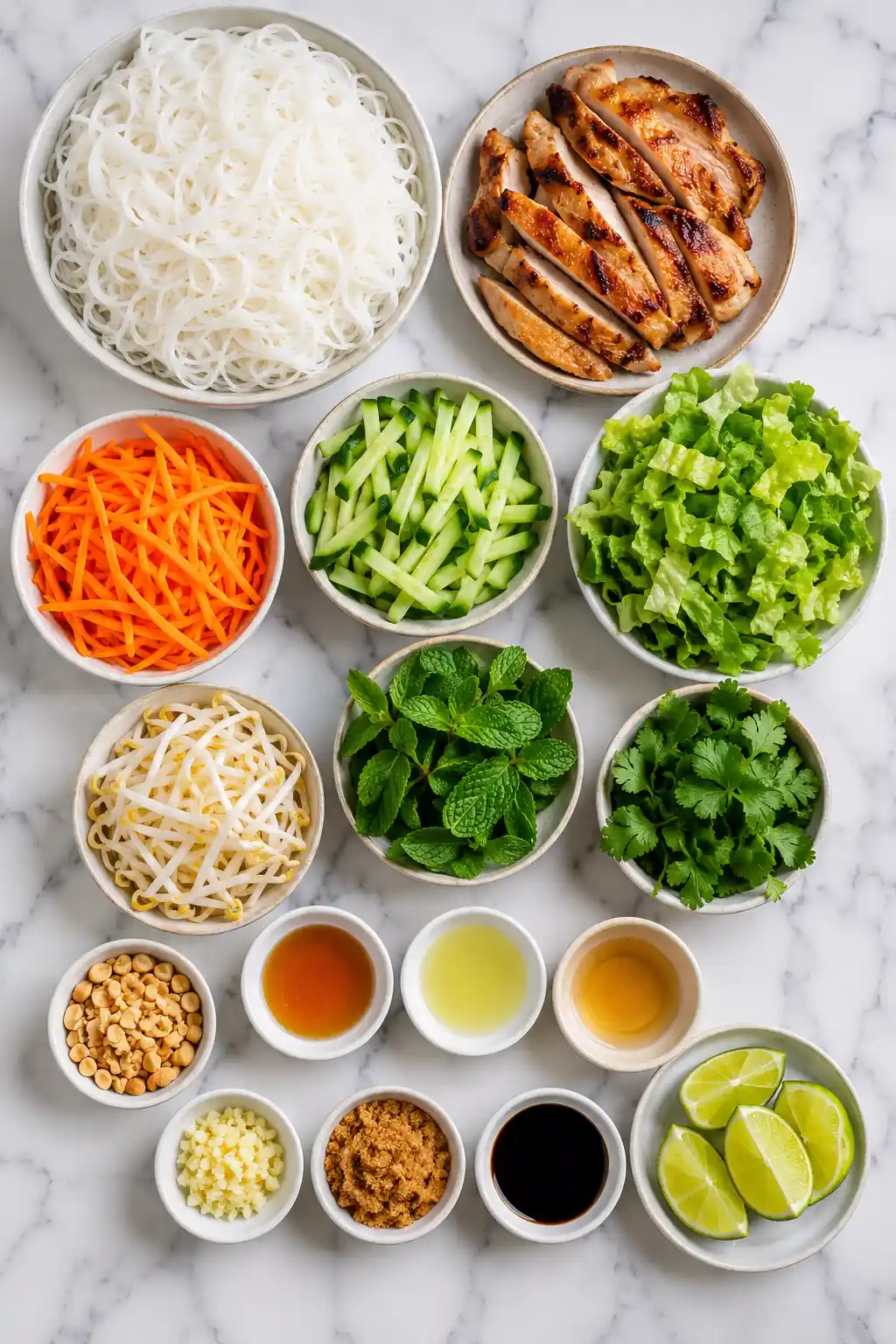 Flat lay of Vietnamese vermicelli bowl ingredients including rice noodles chicken vegetables herbs peanuts and dressing ingredients