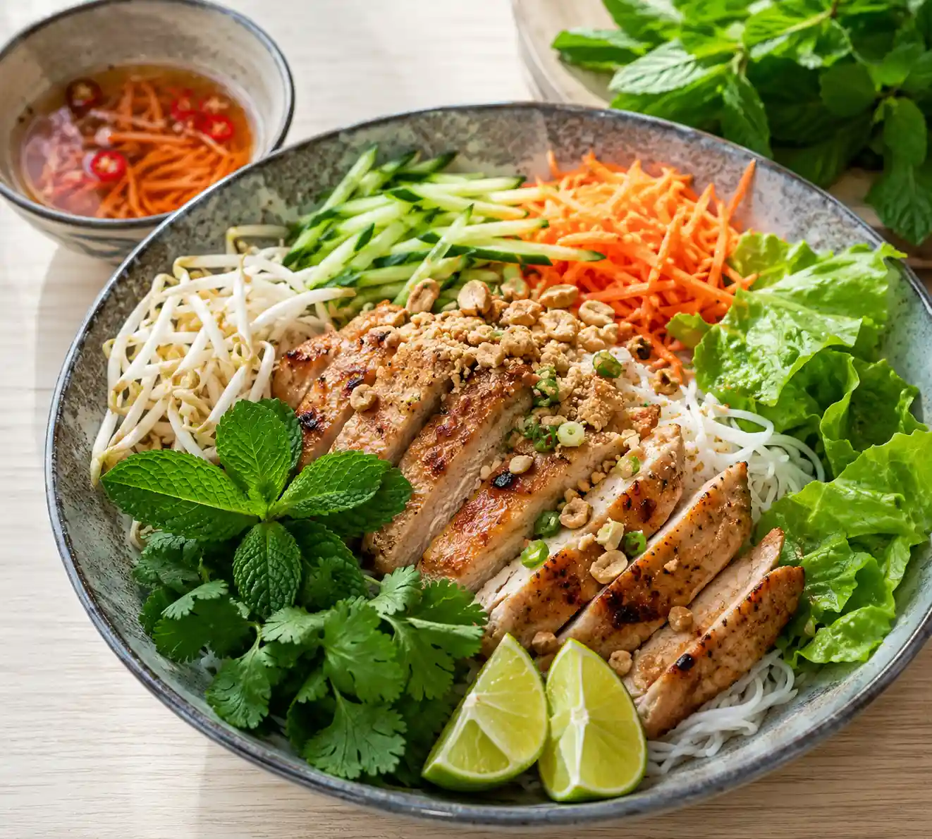 Vietnamese vermicelli bowl with grilled chicken rice noodles fresh vegetables herbs peanuts and lime dressing