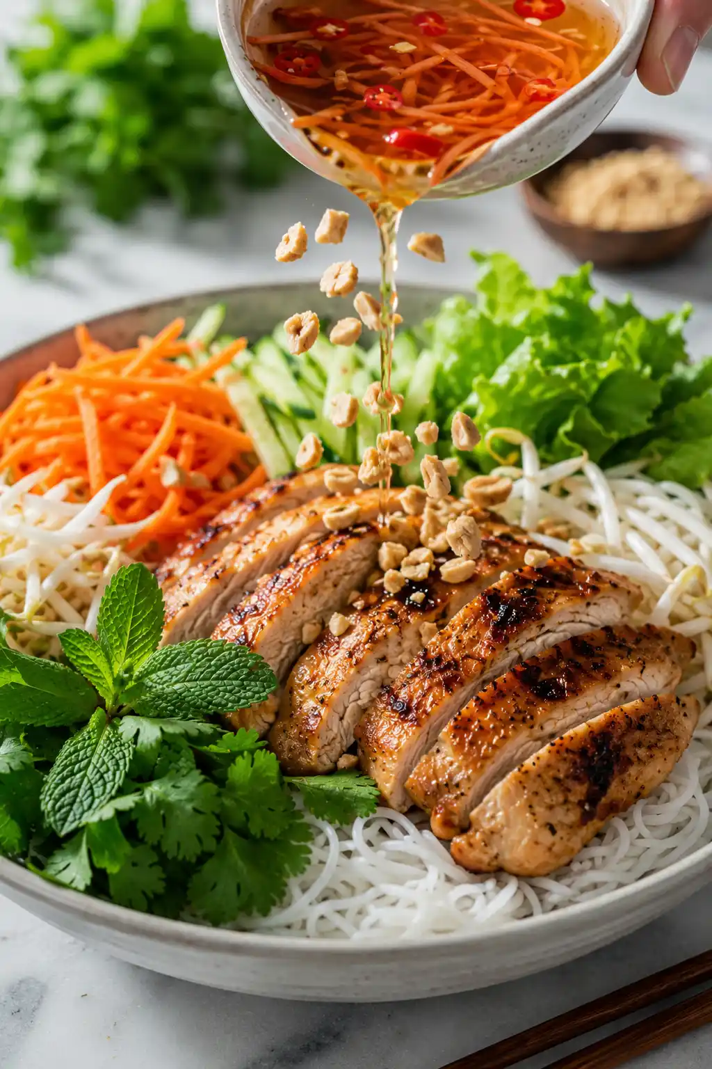 Vietnamese vermicelli bowl being assembled with grilled chicken rice noodles fresh vegetables herbs and peanuts
