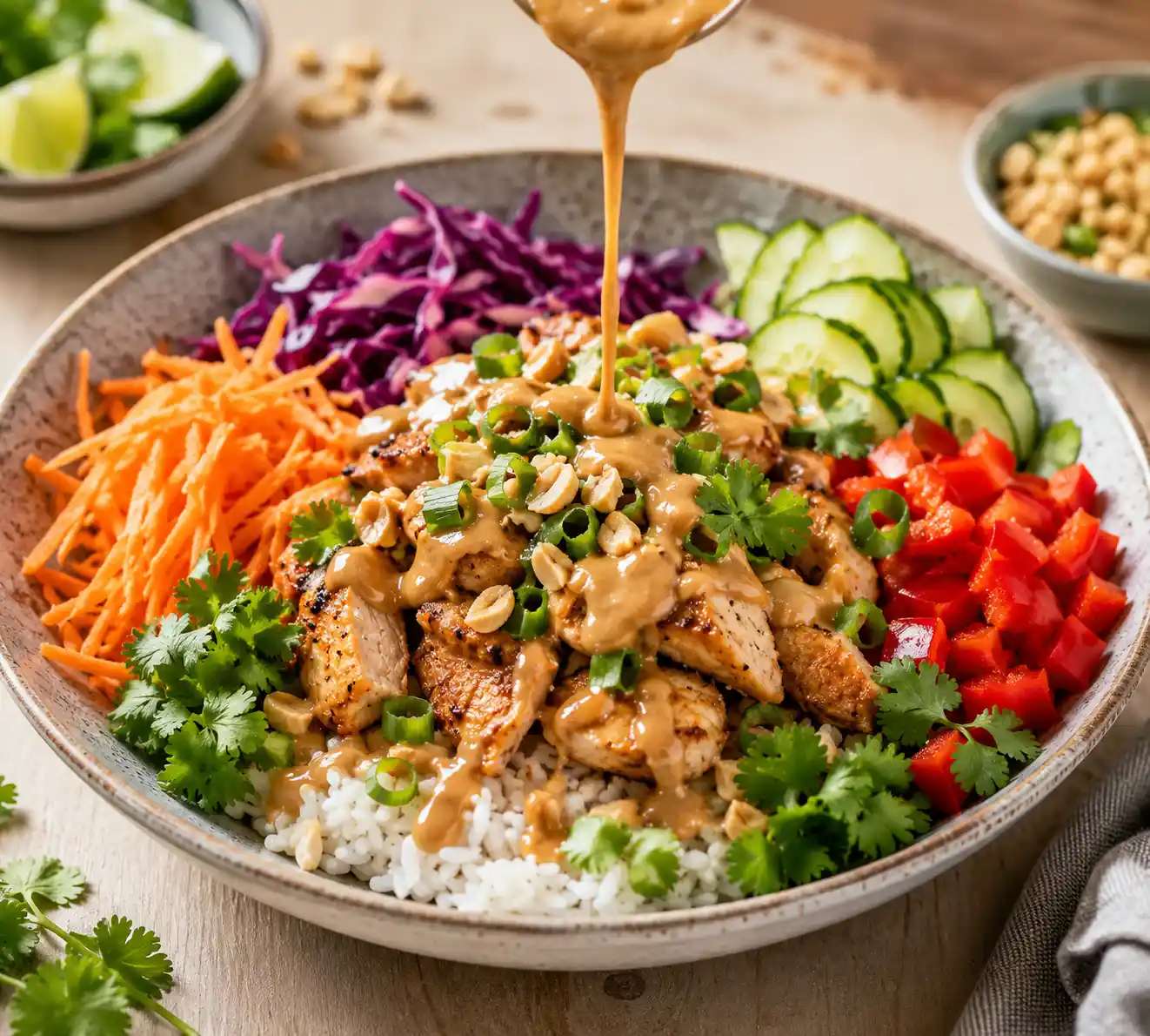 Thai peanut chicken bowl with jasmine rice chicken vegetables peanuts cilantro and creamy peanut sauce