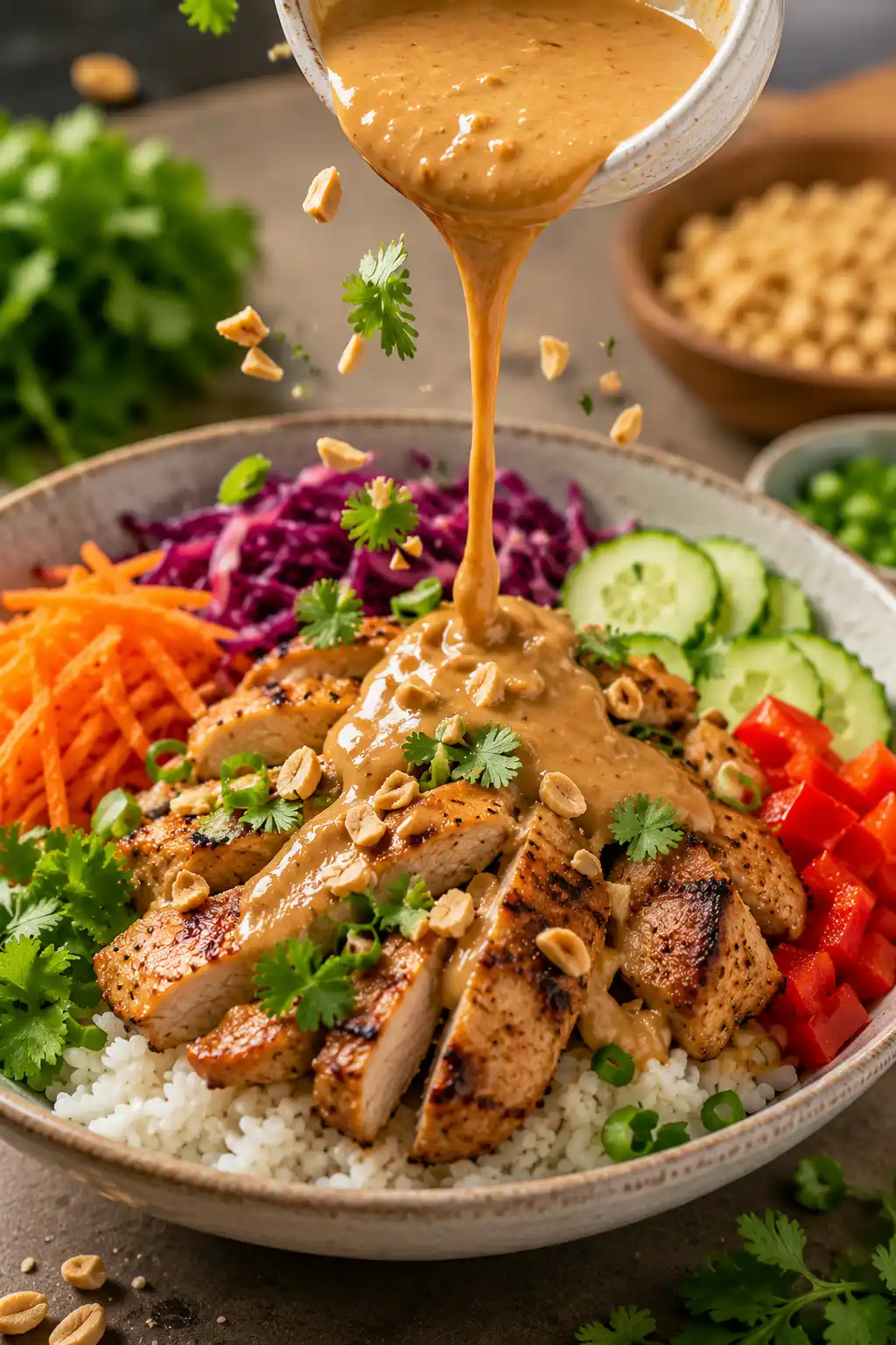 Thai peanut chicken bowl being assembled with chicken rice vegetables peanuts and peanut sauce