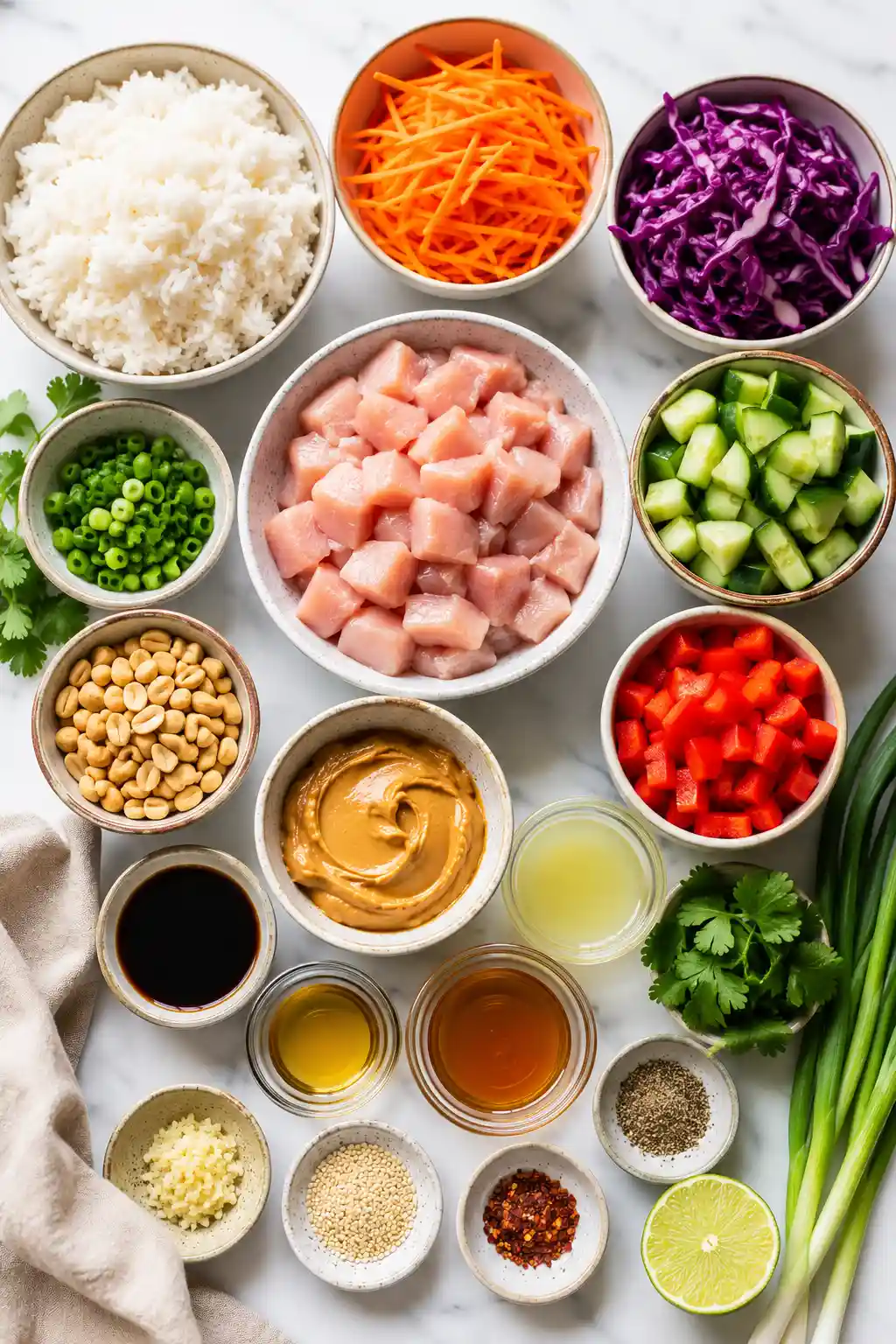 Flat lay of Thai peanut chicken bowl ingredients including chicken rice vegetables peanut butter lime and soy sauce
