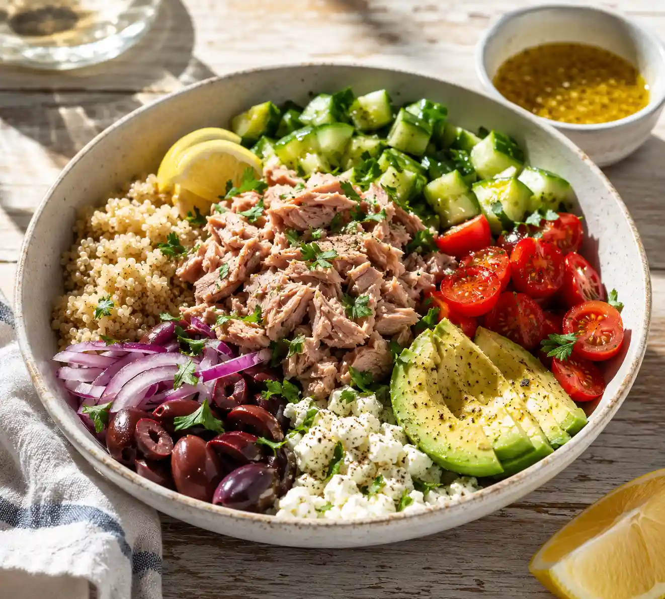 Mediterranean tuna bowl with quinoa tuna avocado feta cheese olives tomatoes and cucumber