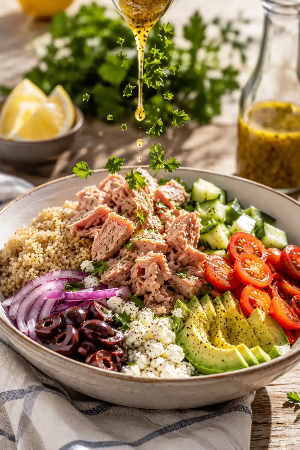 Mediterranean tuna bowl being assembled with tuna quinoa avocado vegetables feta cheese and lemon dressing