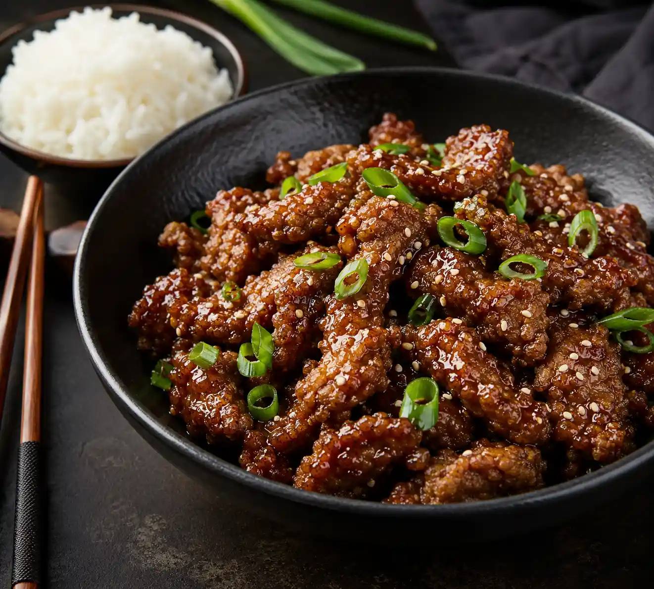 Crispy sesame beef coated in sweet savory sesame sauce served with rice and sesame seed garnish