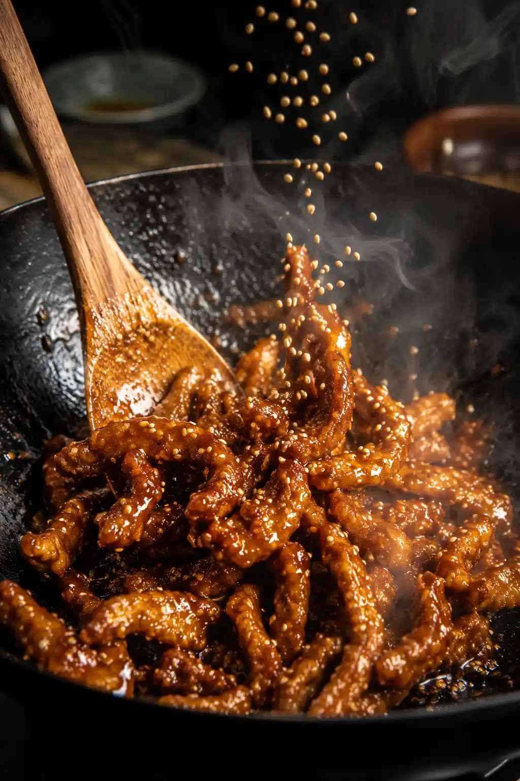 Crispy sesame beef being tossed in glossy sesame sauce with sesame seeds and steam rising