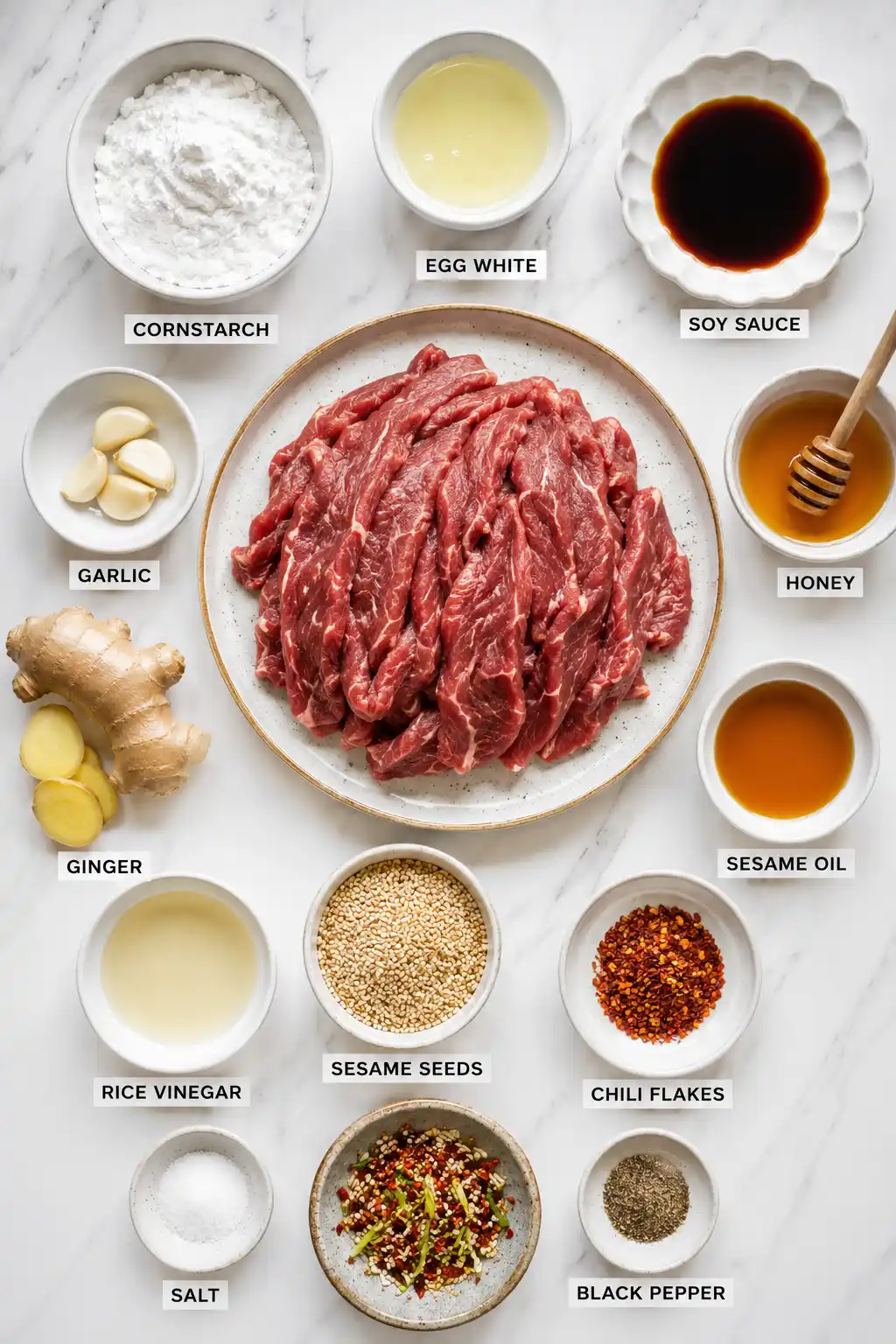 Flat lay of crispy sesame beef ingredients including beef soy sauce honey garlic sesame oil and cornstarch