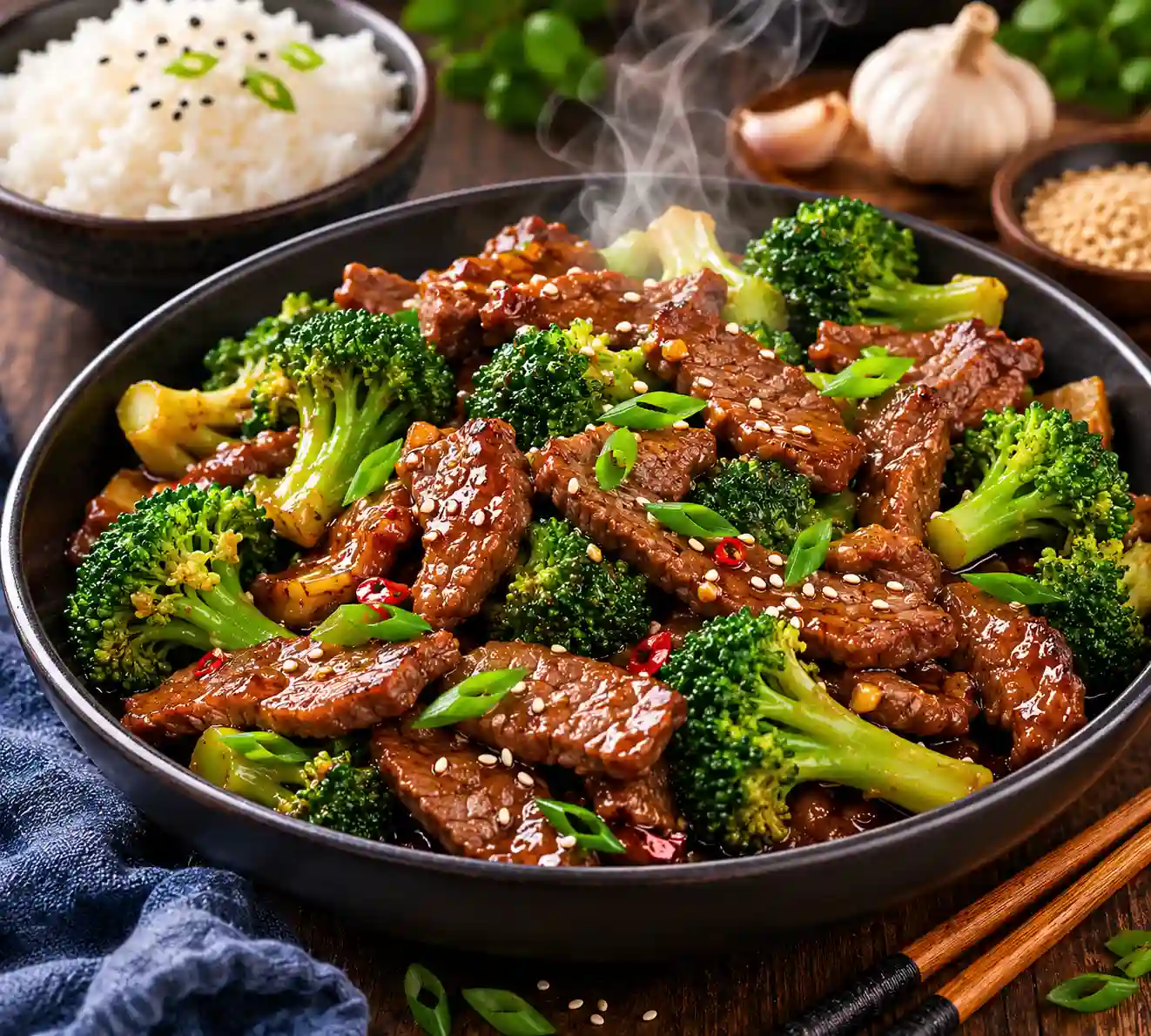 Beef and broccoli stir fry with tender beef slices broccoli florets garlic soy sauce and steamed rice