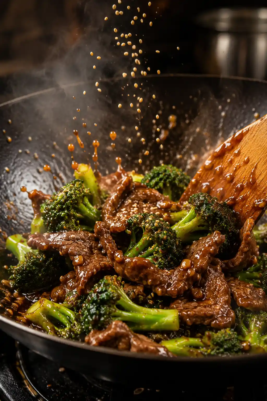 Beef and broccoli stir fry cooking in a wok with garlic soy sauce and steaming beef slices