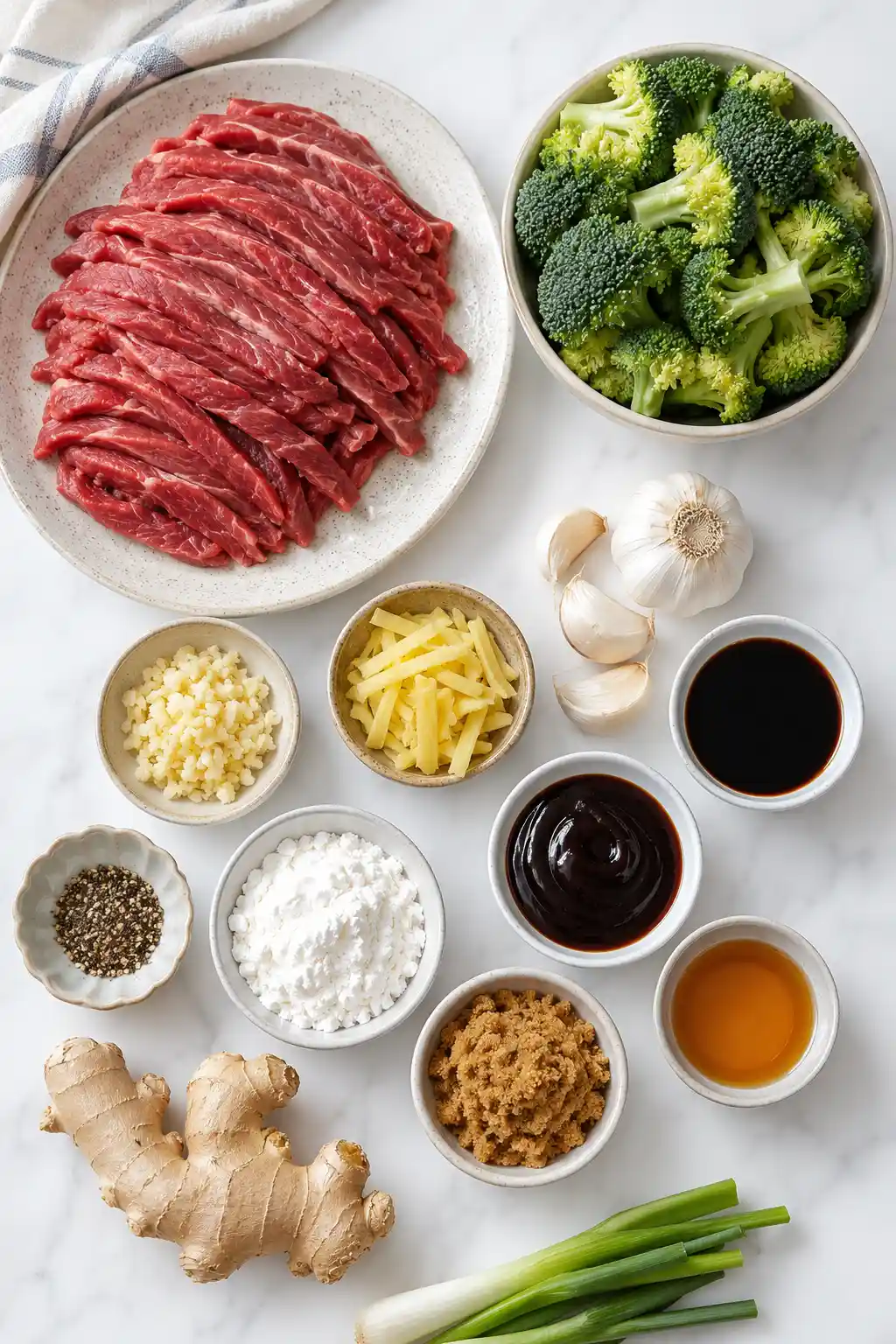 Flat lay of beef and broccoli stir fry ingredients including sliced beef broccoli garlic soy sauce oyster sauce and seasonings
