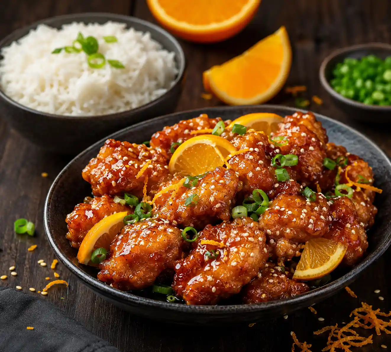 Crispy orange chicken with sticky orange sauce sesame seeds green onions and jasmine rice