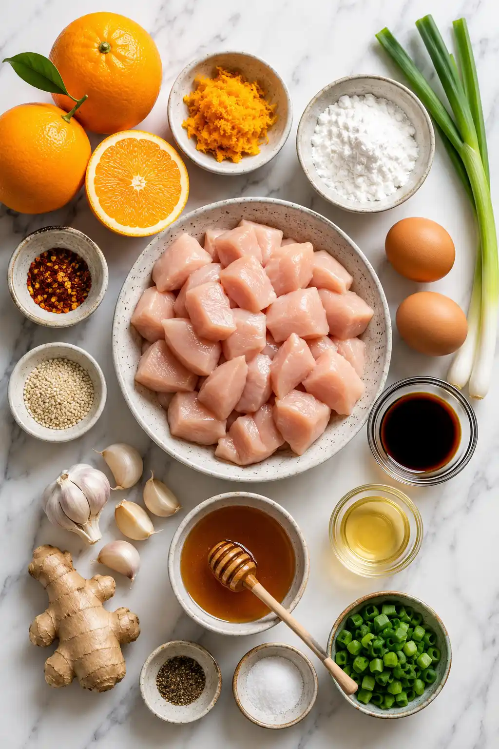 Flat lay of crispy orange chicken ingredients including chicken oranges cornstarch soy sauce garlic honey and seasonings