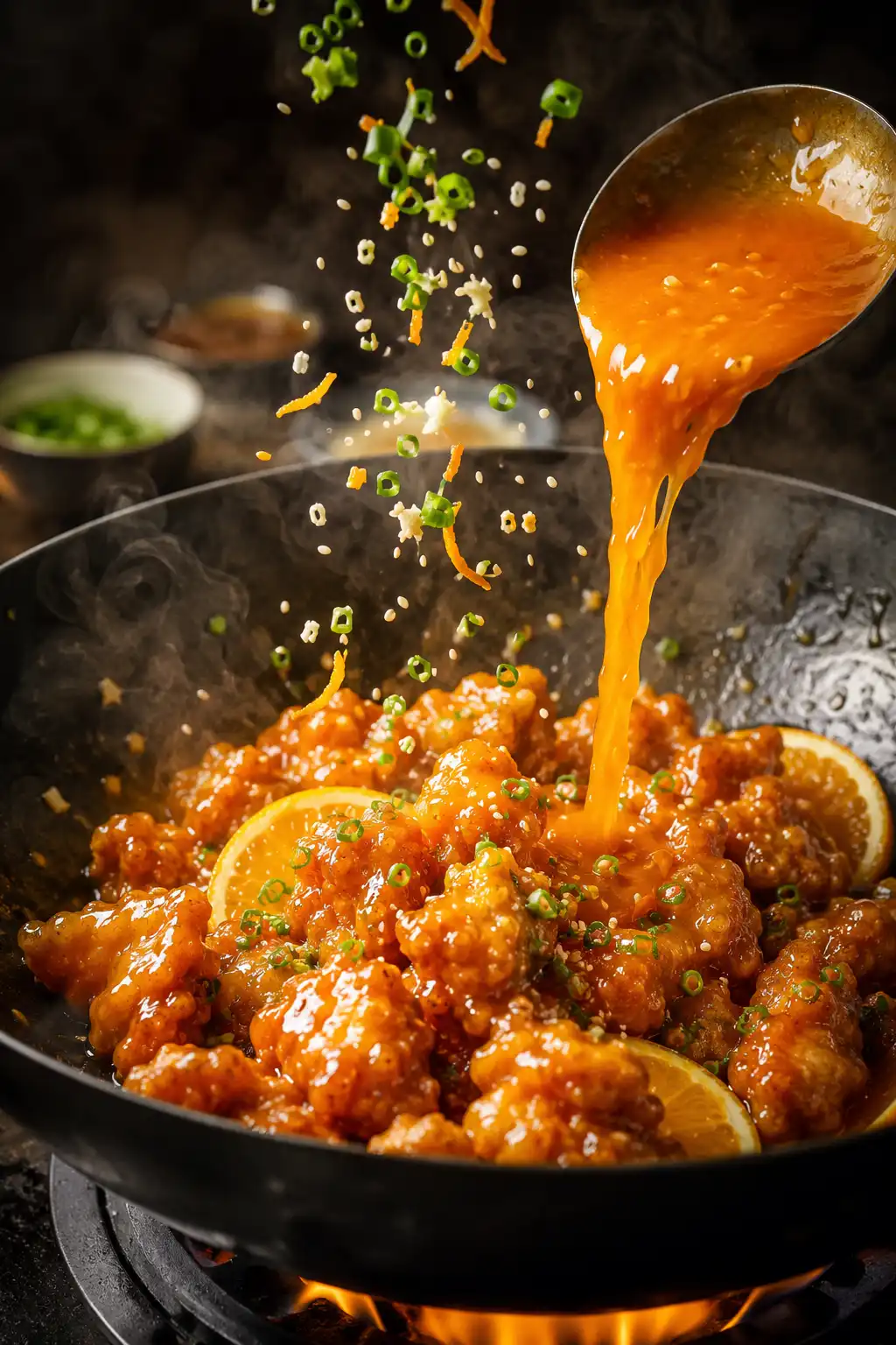 Crispy orange chicken being tossed in sticky orange sauce with sesame seeds and green onions
