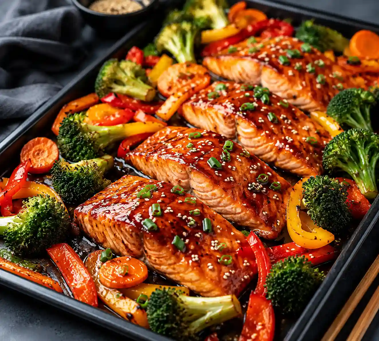 Sheet pan teriyaki salmon with roasted broccoli carrots bell peppers sesame seeds and homemade teriyaki glaze