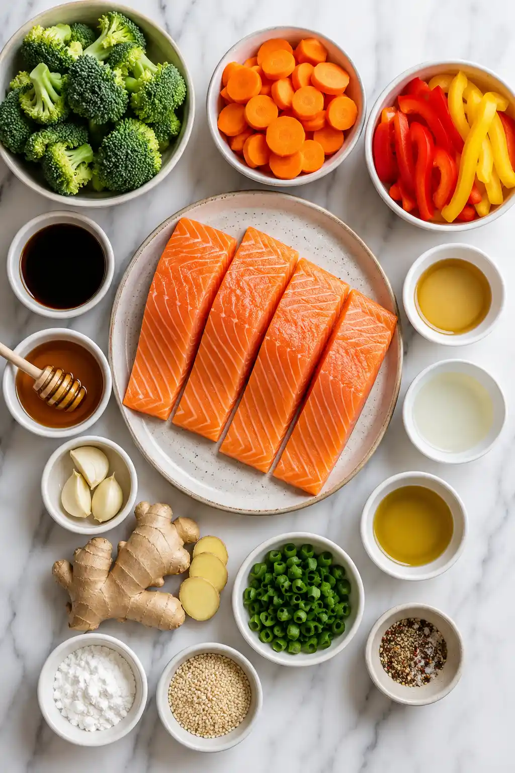 Flat lay of sheet pan teriyaki salmon ingredients including salmon broccoli carrots bell peppers soy sauce honey garlic and ginger