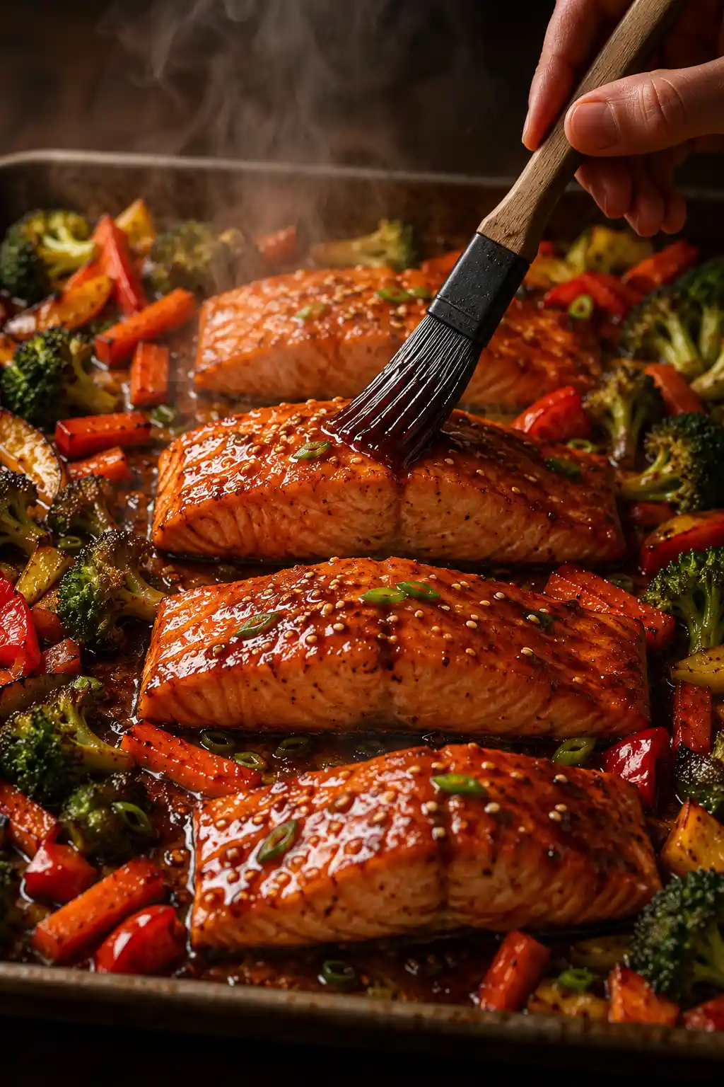 Teriyaki salmon being glazed on a sheet pan with roasted vegetables and glossy homemade sauce