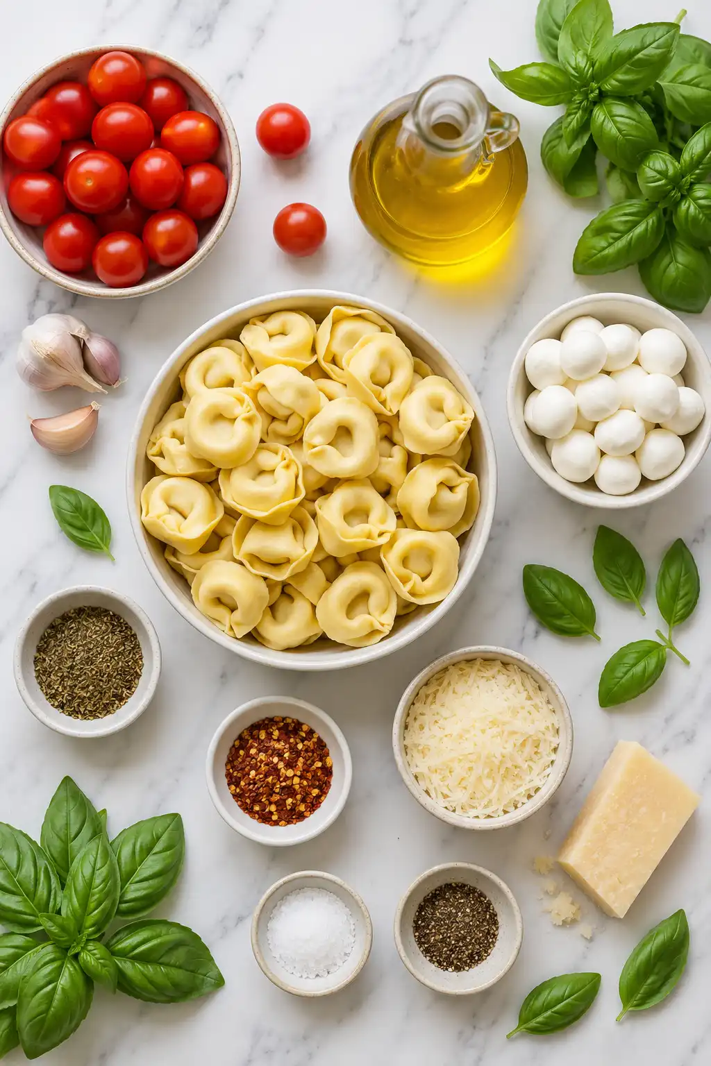 Flat lay of Caprese tortellini skillet ingredients including tortellini tomatoes mozzarella basil garlic and seasonings