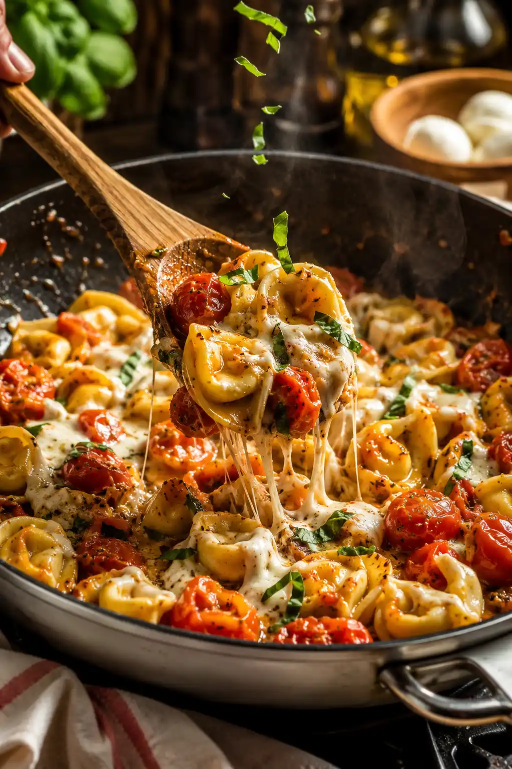 Caprese tortellini skillet being stirred with melted mozzarella cherry tomatoes basil and cheese tortellini