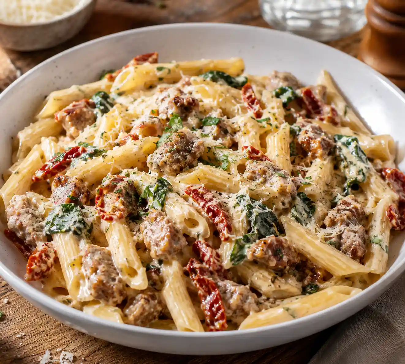 Creamy Tuscan sausage pasta with parmesan sauce sun dried tomatoes spinach and Italian sausage
