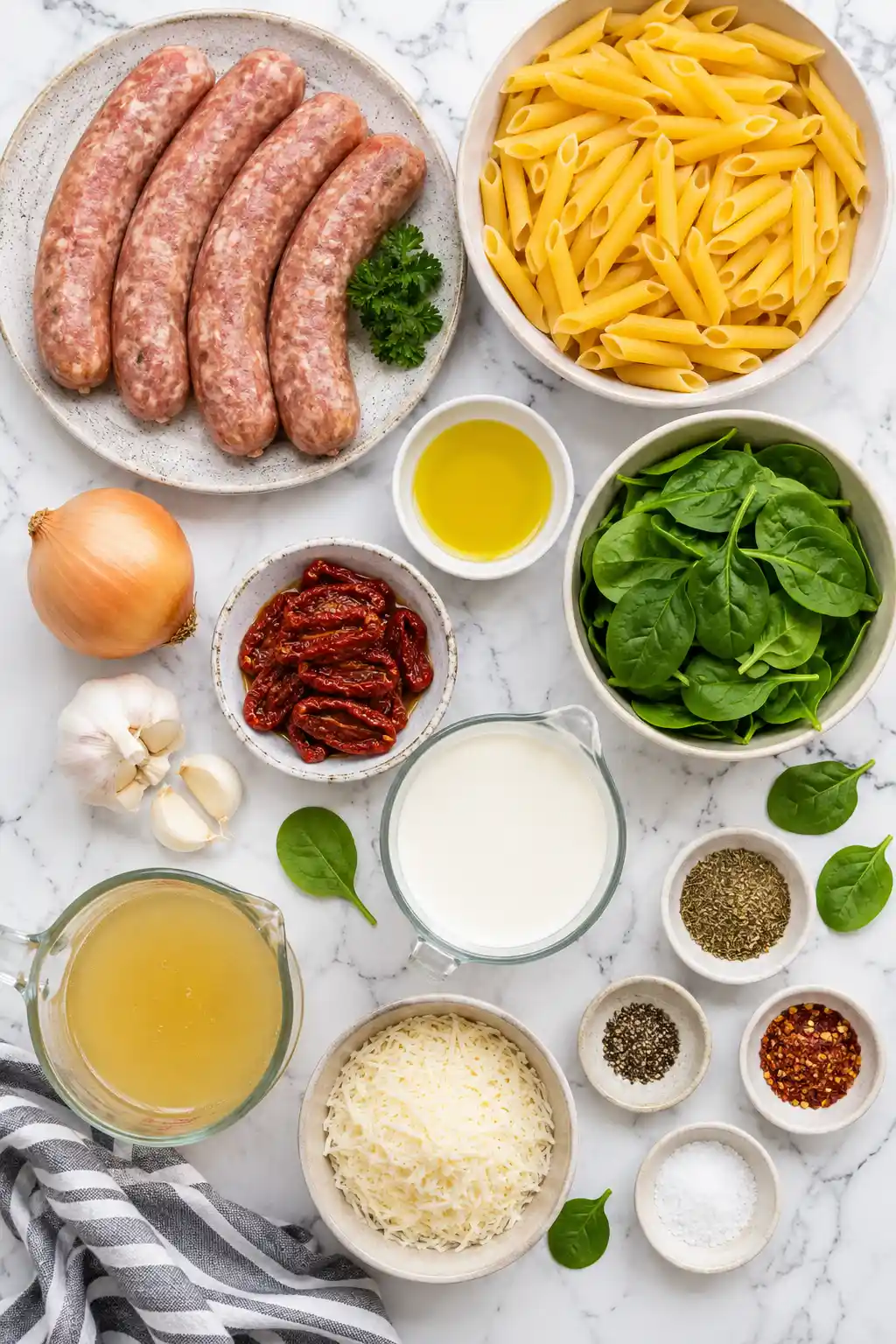 Flat lay of creamy Tuscan sausage pasta ingredients including sausage pasta spinach parmesan cream and sun dried tomatoes