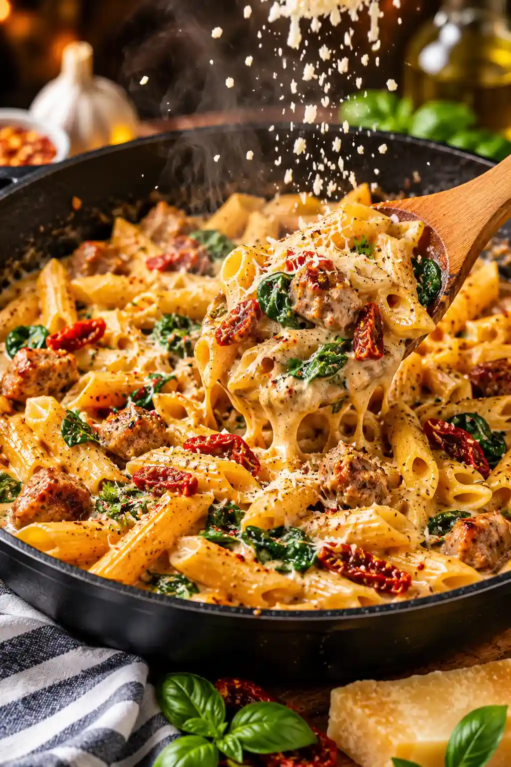 Creamy Tuscan sausage pasta being mixed in a skillet with parmesan sauce spinach and sun dried tomatoes